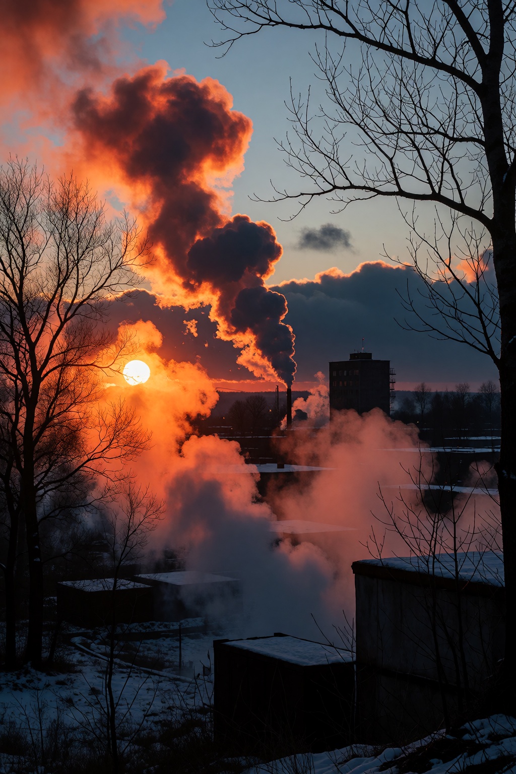 The scene is a dramatic winter landscape captured at sunset,  showcasing an industrial area bathed in the fiery glow of a...