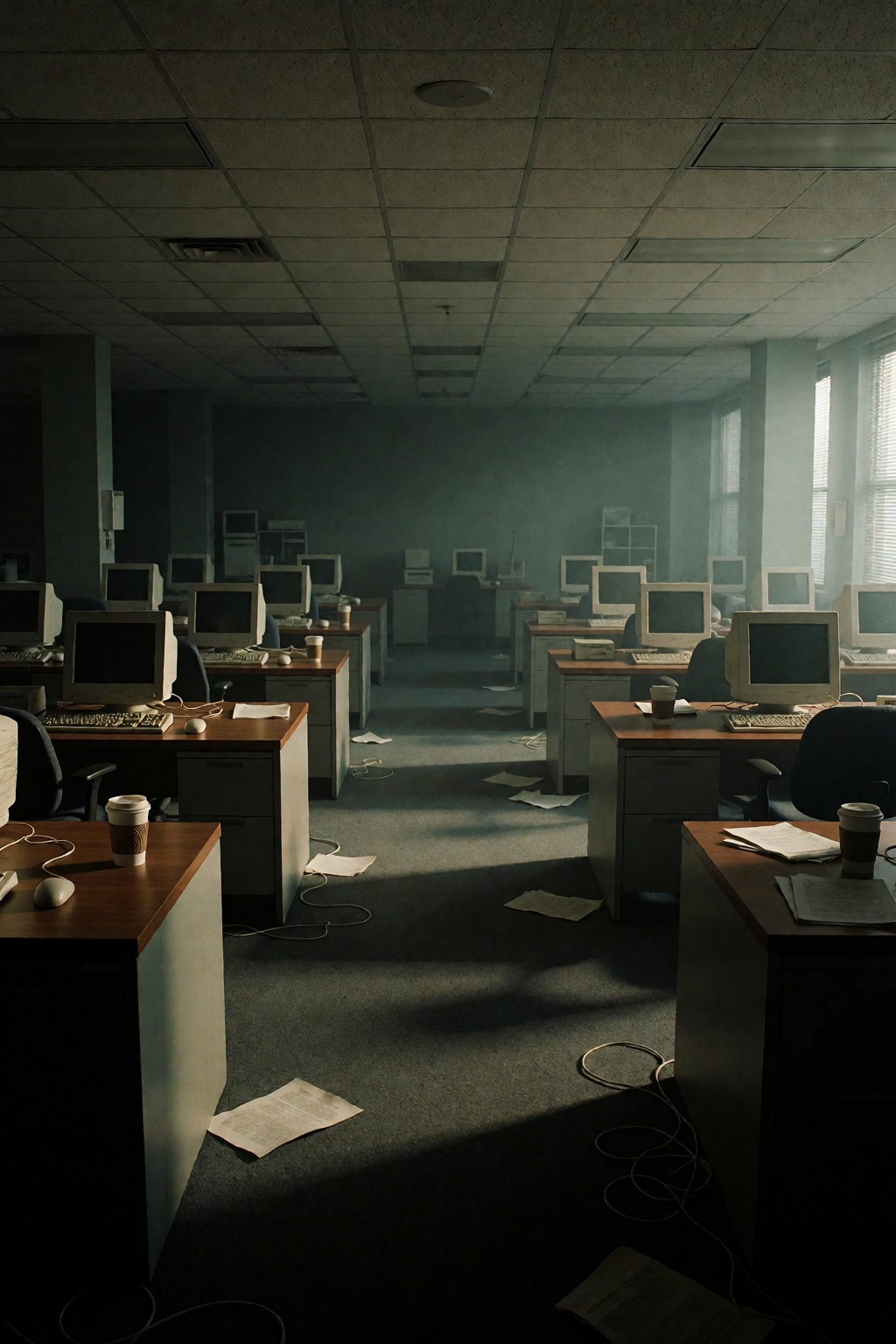 A photograph captures an empty office space filled with rows of desks arranged in neat columns,  each holding computers fr...