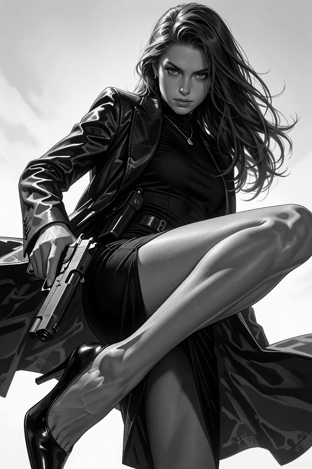 A Black and White portrait captures a solo urban chic secret agent in dynamic action,  her long hair cascading over one sh...