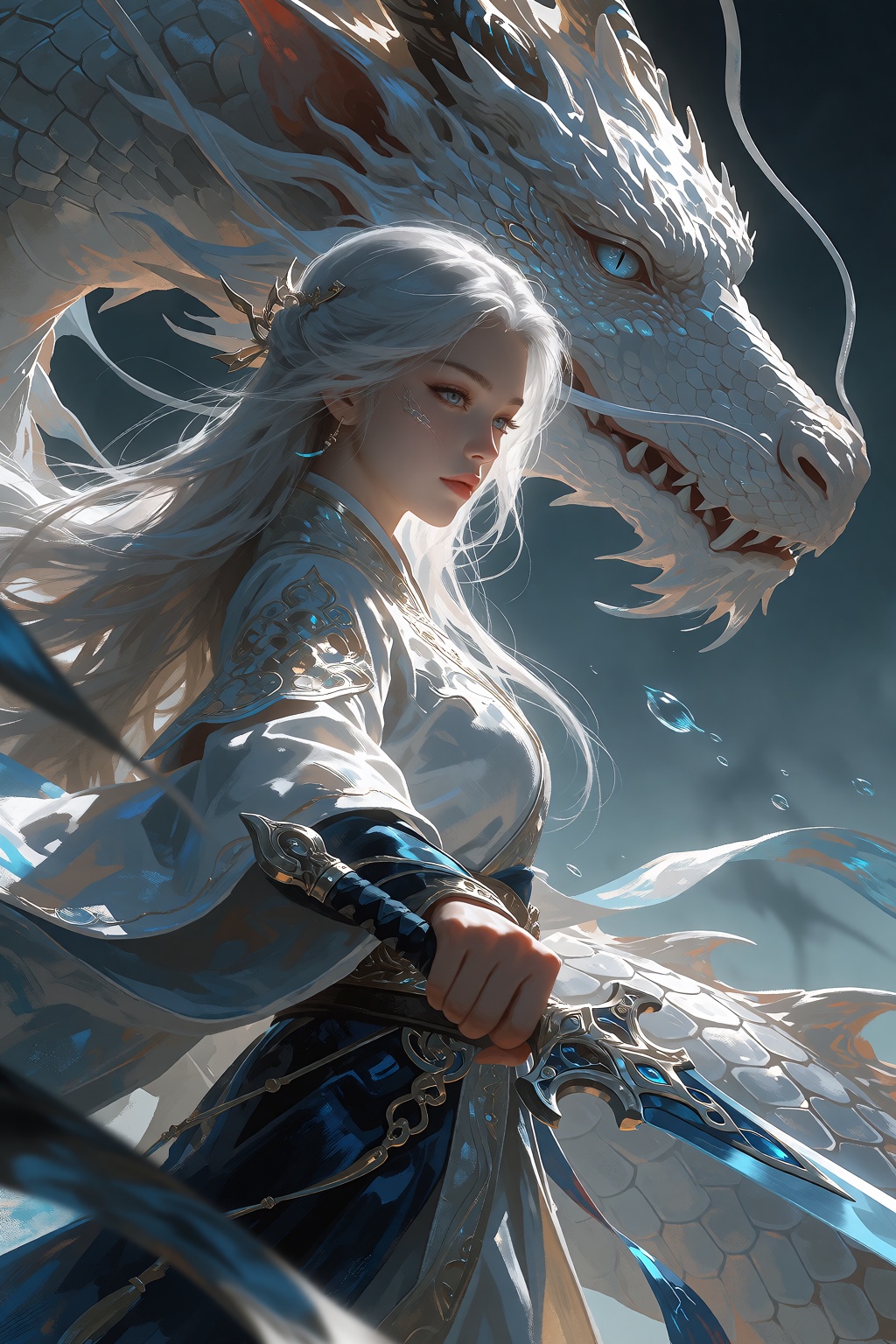 A cinematic fantasy scene unfolds with a female figure in a dynamic cowboy shot,  her long white hair cascading over her s...