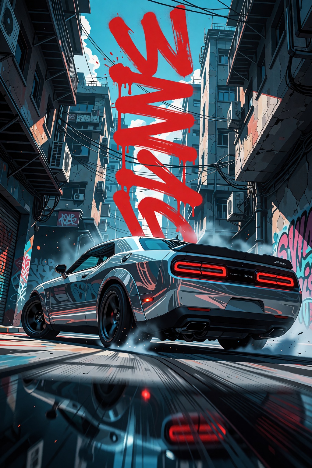 A dramatic ultra-cinematic rear three-quarter shot captures a Dodge Challenger SRT Hellcat performing a controlled high-sp...