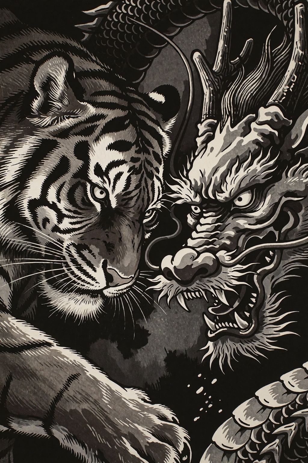 A highly detailed woodblock print captures a tiger and dragon locked in battle,  rendered with the expressive clarity of J...