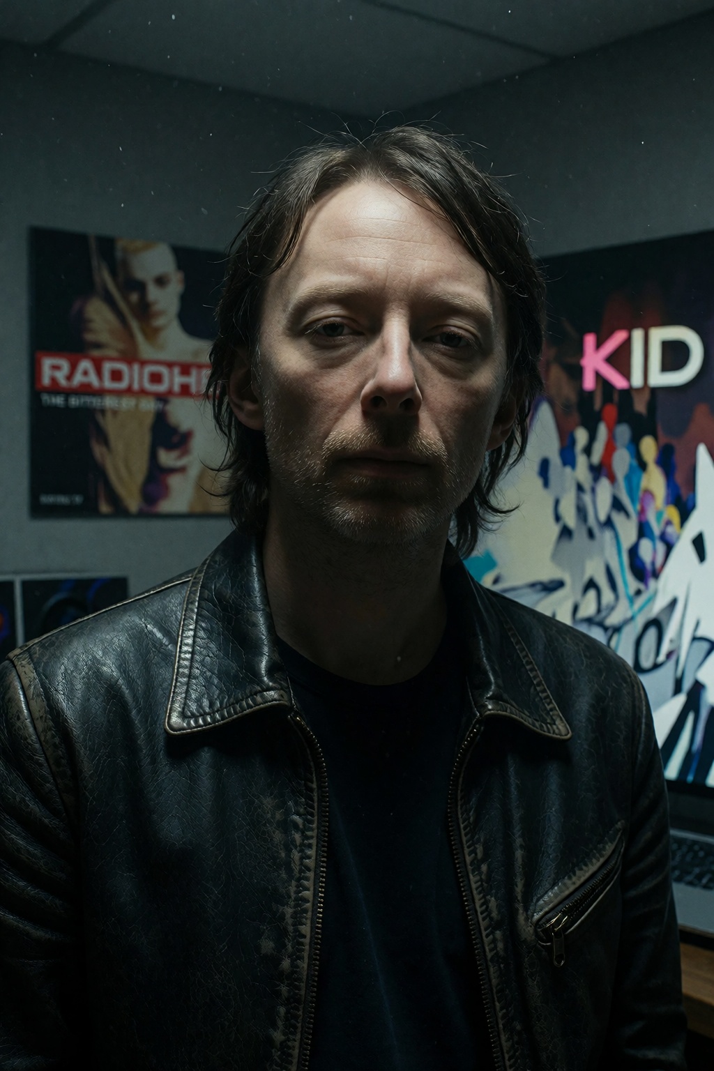 A richly detailed 11x17 graphic image captures the essence of Radiohead's peak era,  presenting a polished photograph that...