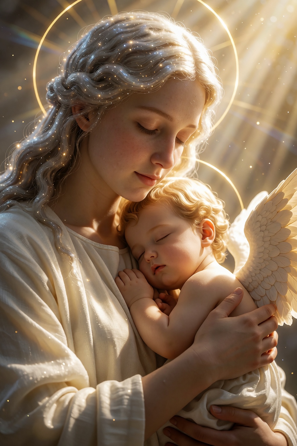 A tender first-person view captures The Virgin Mary cradling a sleeping angel baby,  their faces illuminated by warm golde...