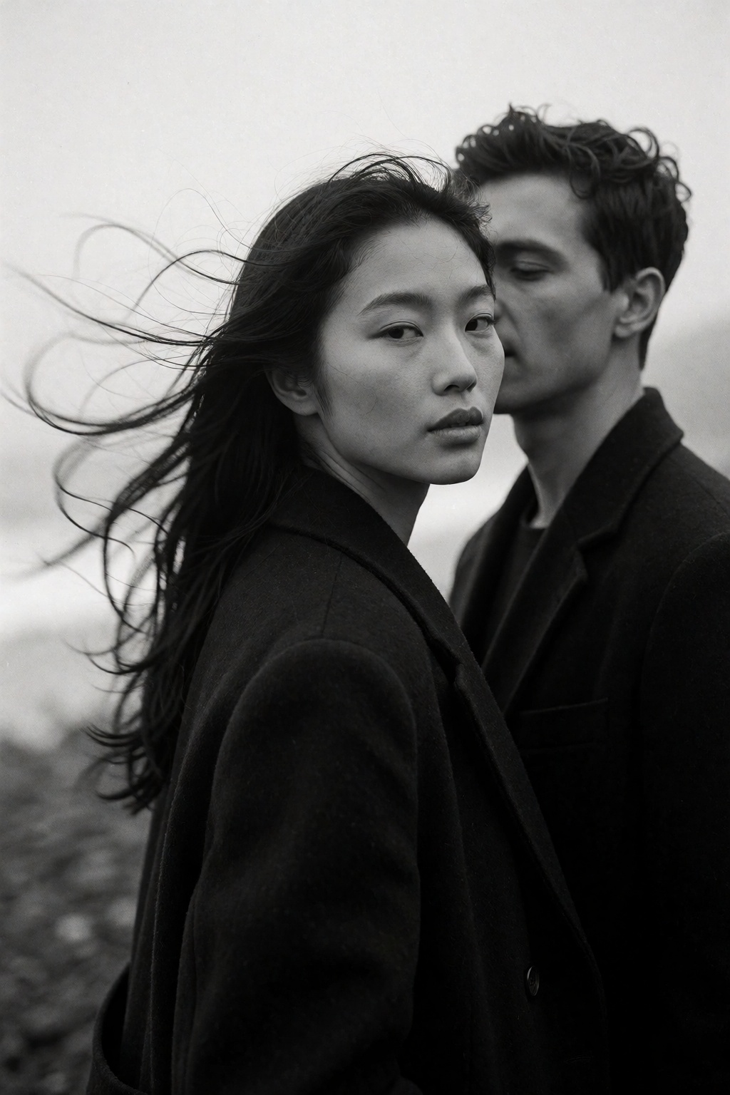 A poetic monochrome close-up scene of an Asian woman with windswept hair turning toward the camera while a man stands just...