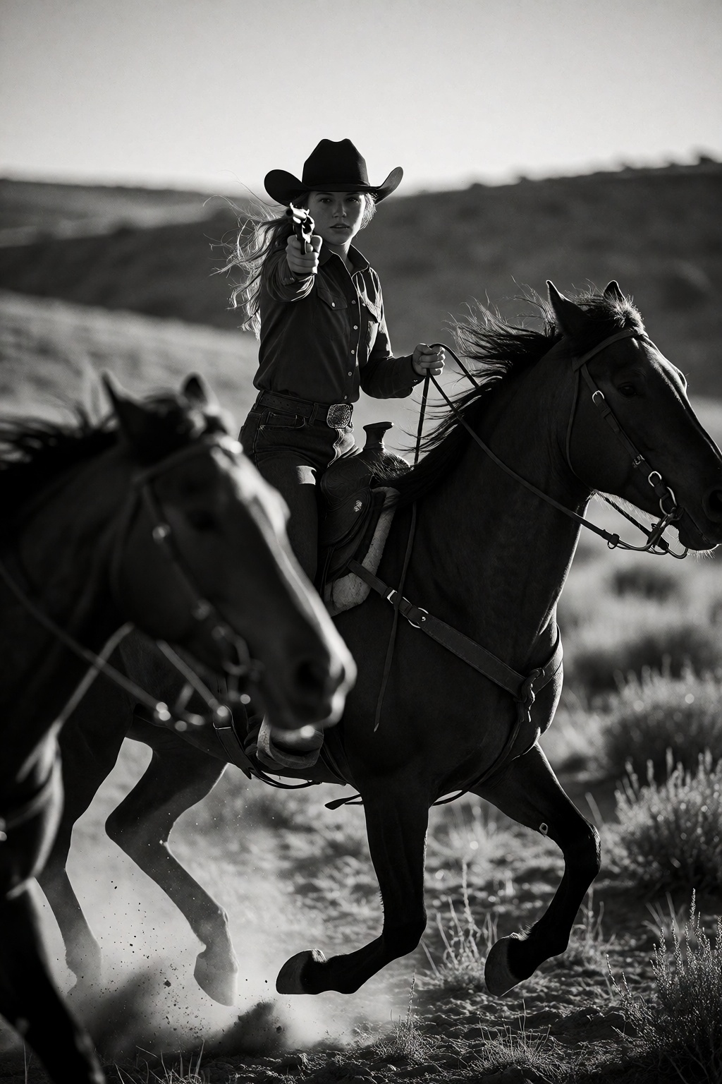 A black-and-white photograph captures a dynamic scene of a cowgirl riding a powerful horse,  her silhouette sharply define...