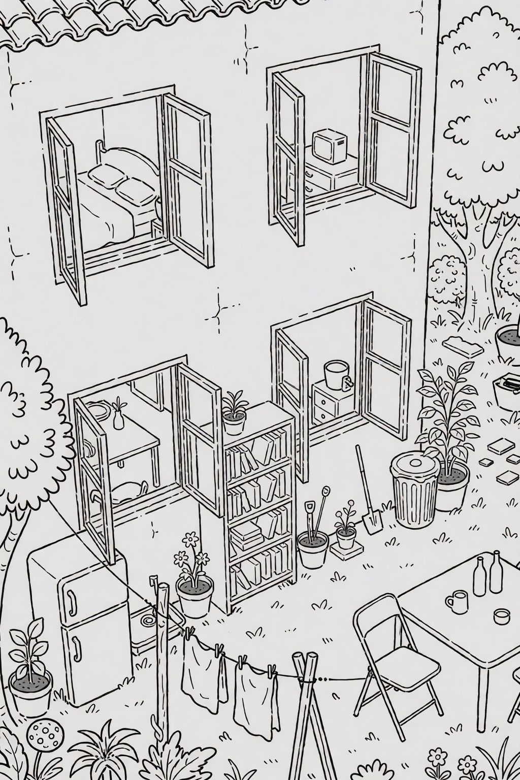 A detailed line drawing showcases a building with several open windows,  each simple interior settings like a bedroom and...