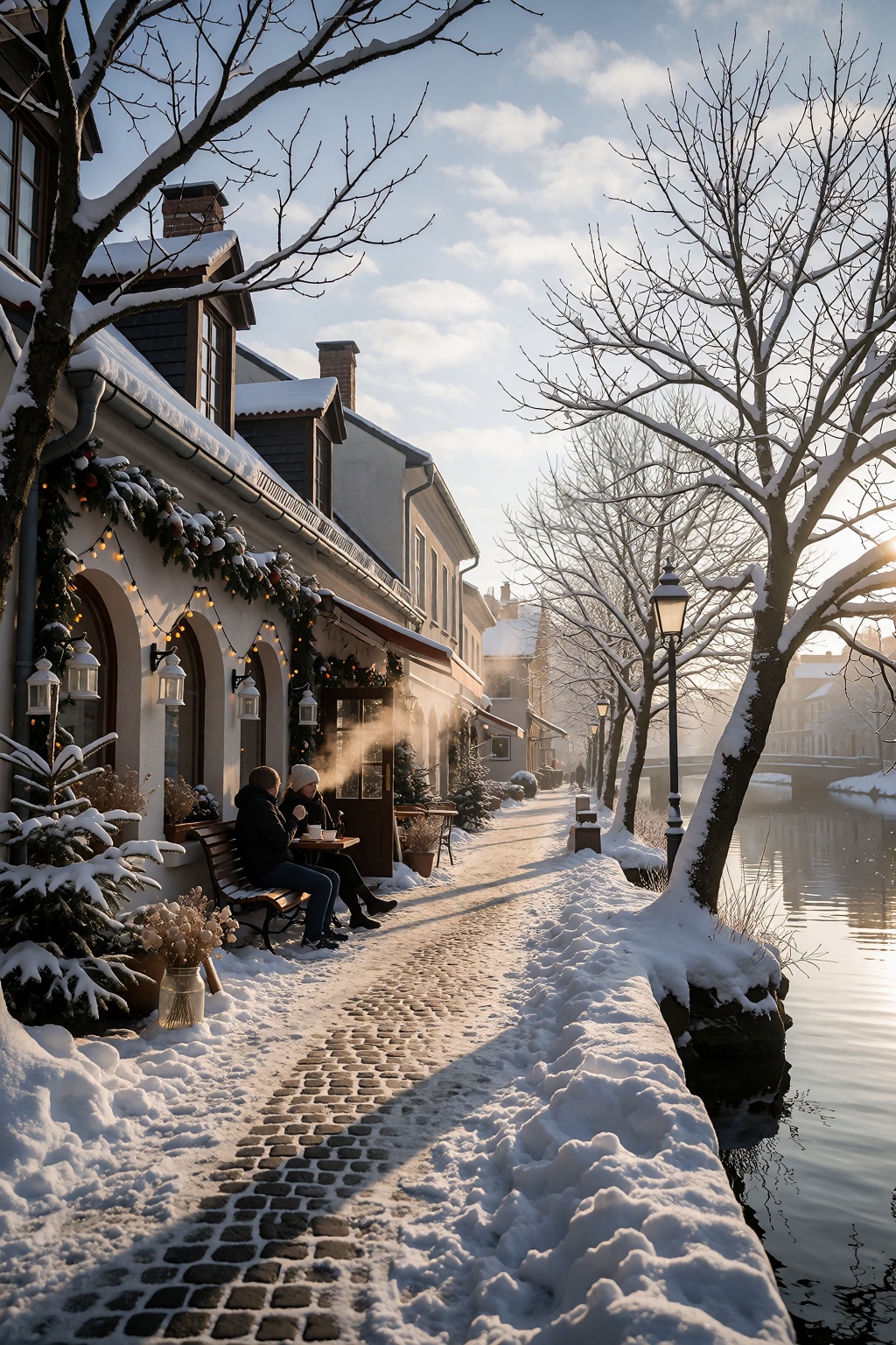 A realistic photo captures a serene view from the street of a riverside café nestled in a small town,  where snow blankets...
