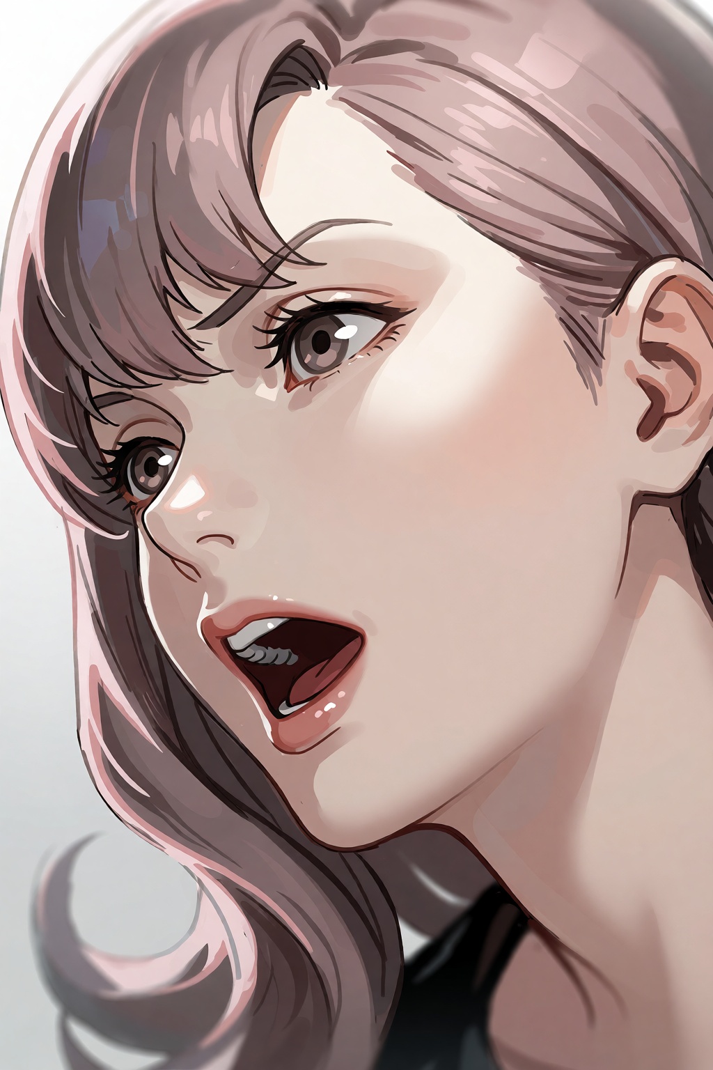 A close-up illustration captures a woman from the side,  her head tilted slightly as she speaks with her mouth open,  conv...