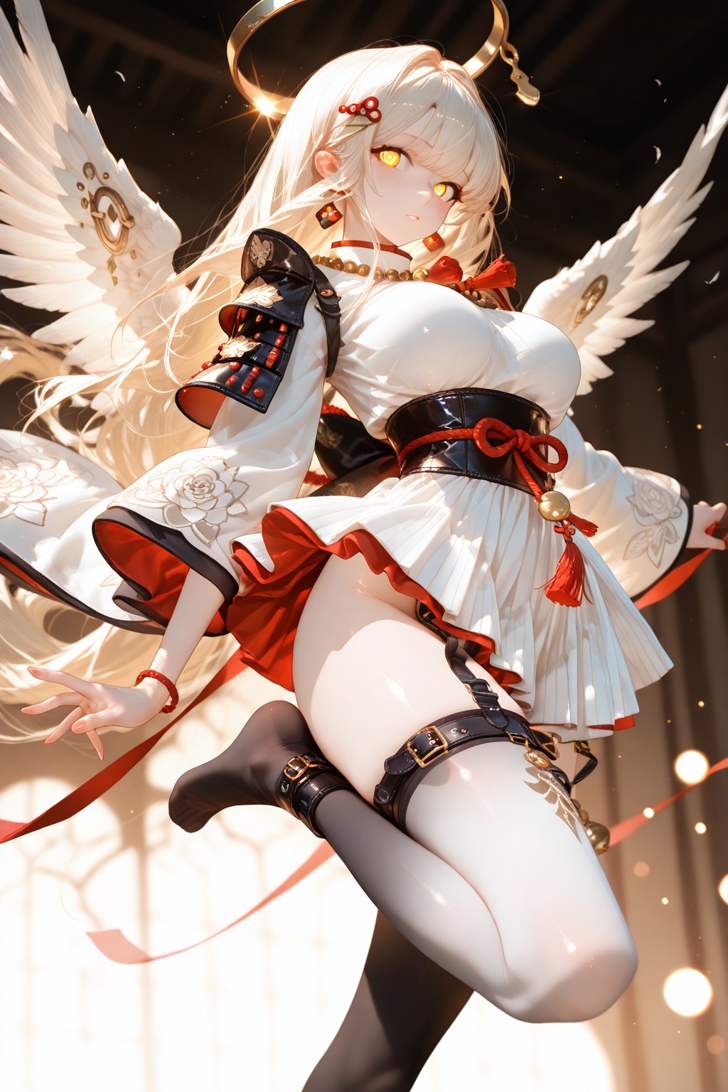 A young woman Golden hair,  golden eyes. Large breasts. ((Large breasts)) ((She has very long hair)) Perfect body proporti...