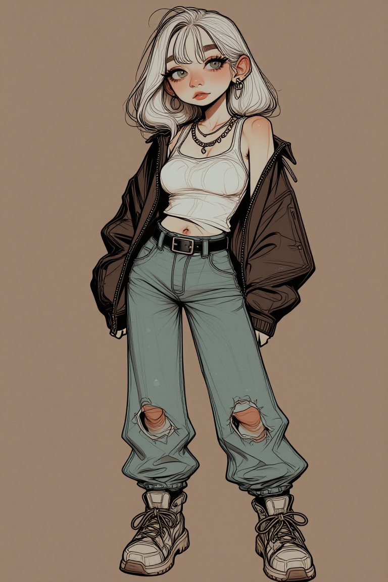 Ivysketch style,  a young platinum hair girl with casual fit on Tensor.Art