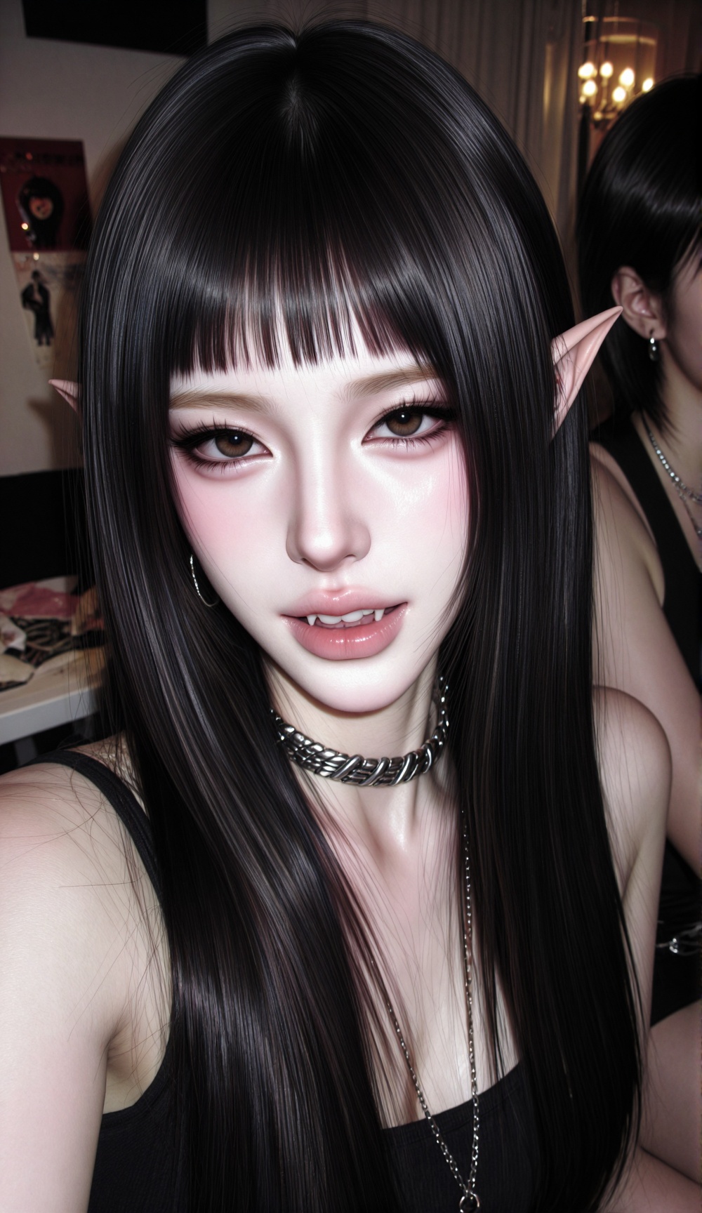 portrait,  beautiful young vampire elf woman ,  showcasing sharp white vampire fangs on Tensor.Art