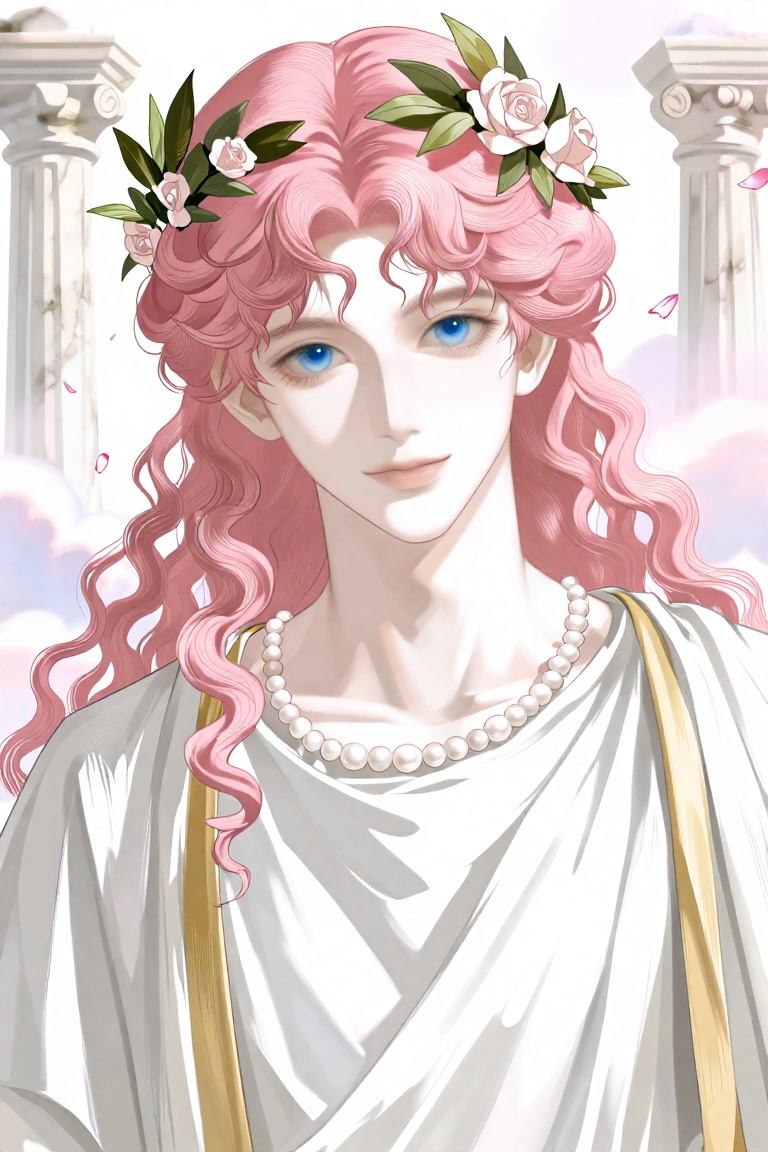 2D illustration,  clean linework,  painterly coloring. A serene male Aphrodite on Tensor.Art