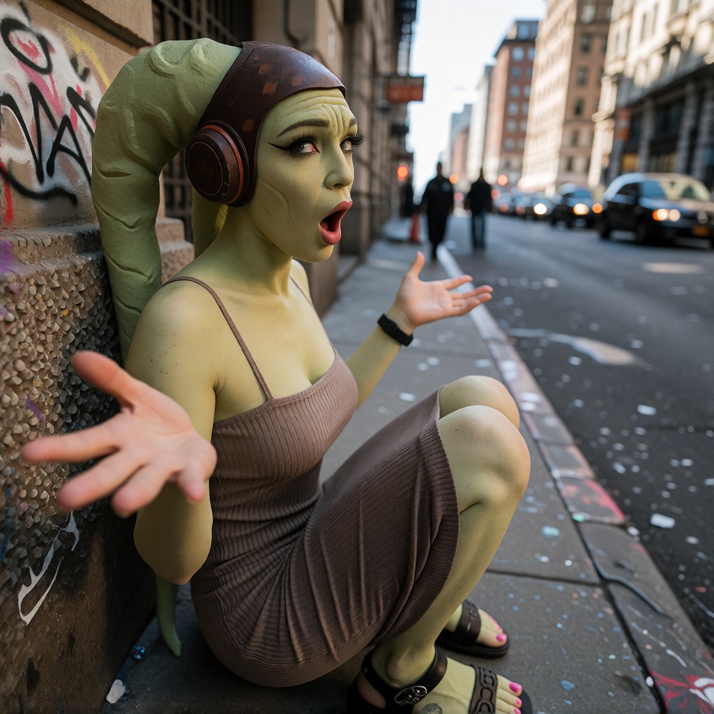 A Twi'lek from star wars is sitting in a candid posture with a playful flirty demeanor . she is shown on the left side of...