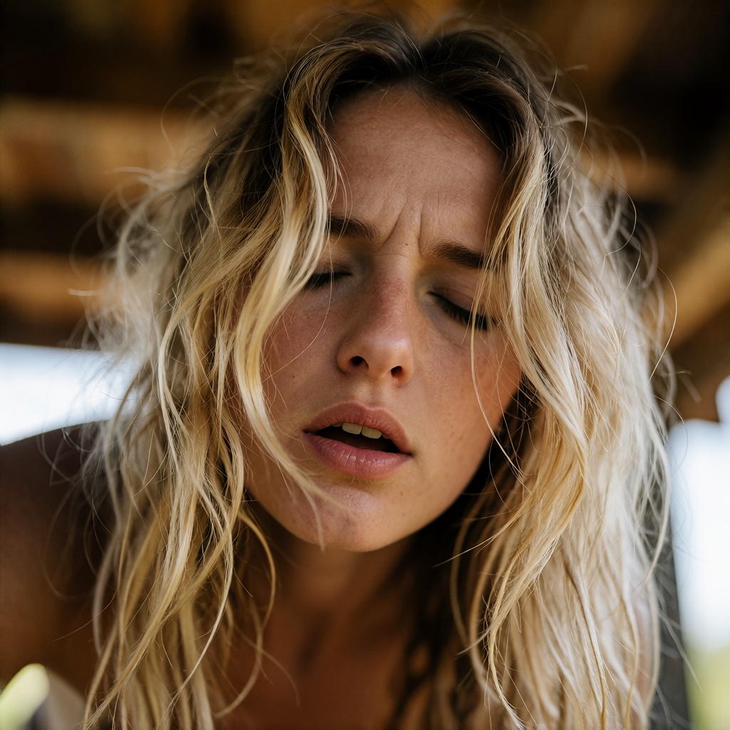 amateurish very close up photograph focusing on a woman's emotion in riding position. and she's leaning towards the camera...