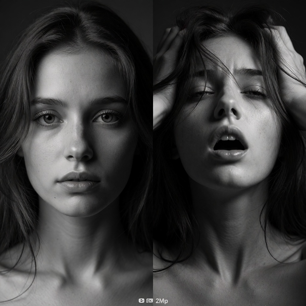 A professional fine-art black and white 4k 2Mp resolution photo showcasing a transition of emotions. On the left image is...
