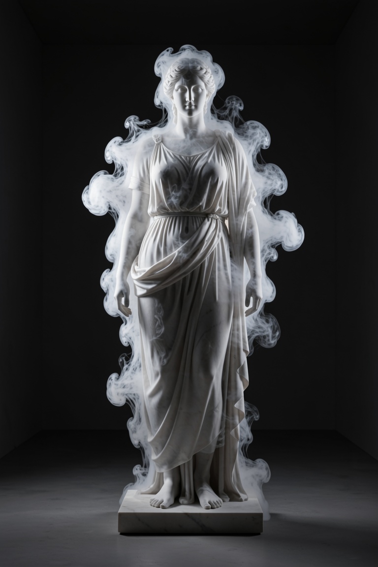 classical Greek marble statue of woman made entirely of dense white smoke,  sharp contours,  standing in dark empty room o...