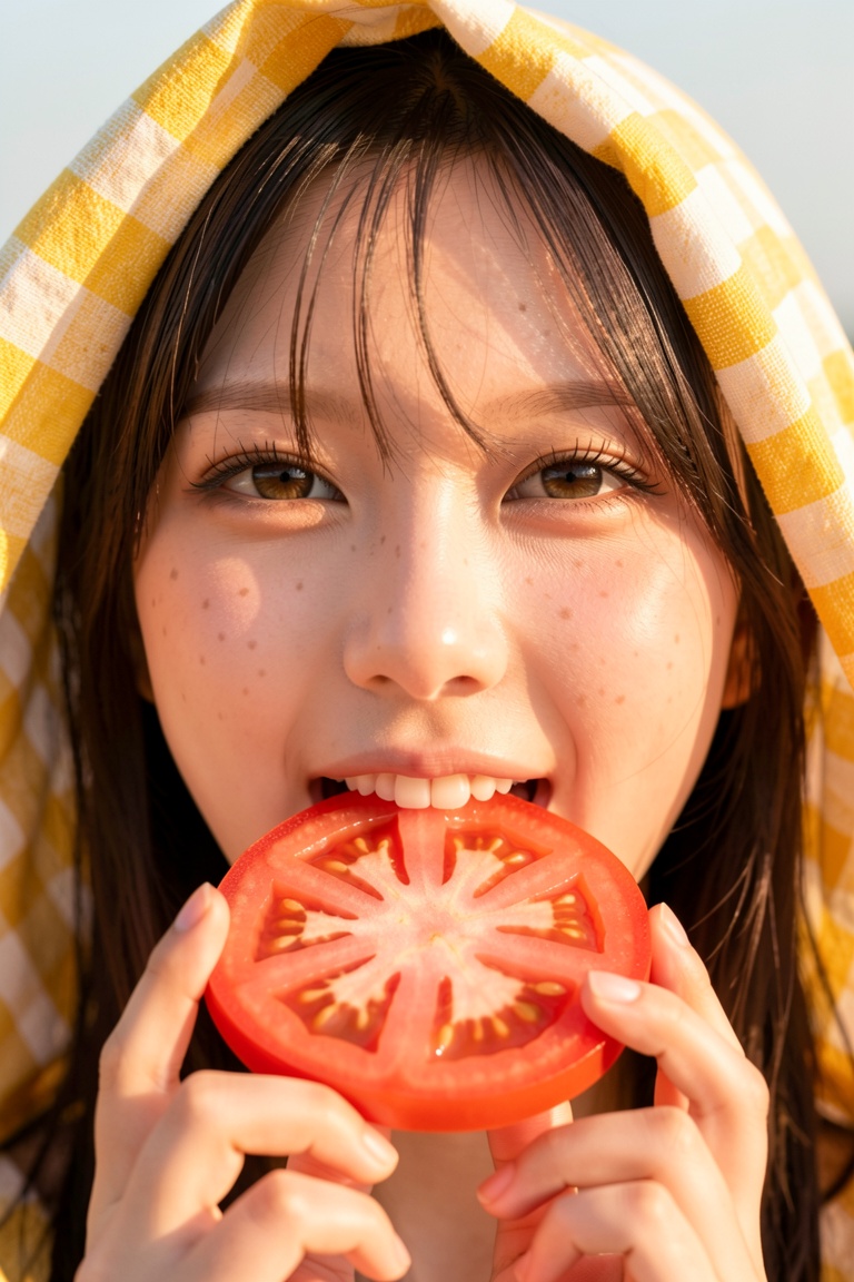 extreme close-up portrait of a young Asian woman with dark hair and freckles,  holding a yellow and white checkered cloth...
