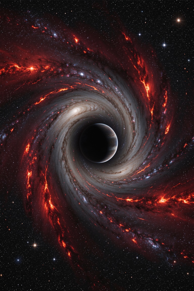 FuturEvoLab_Red,  A breathtaking cosmic scene featuring a massive swirling galactic vortex in space. The vortex is surroun...