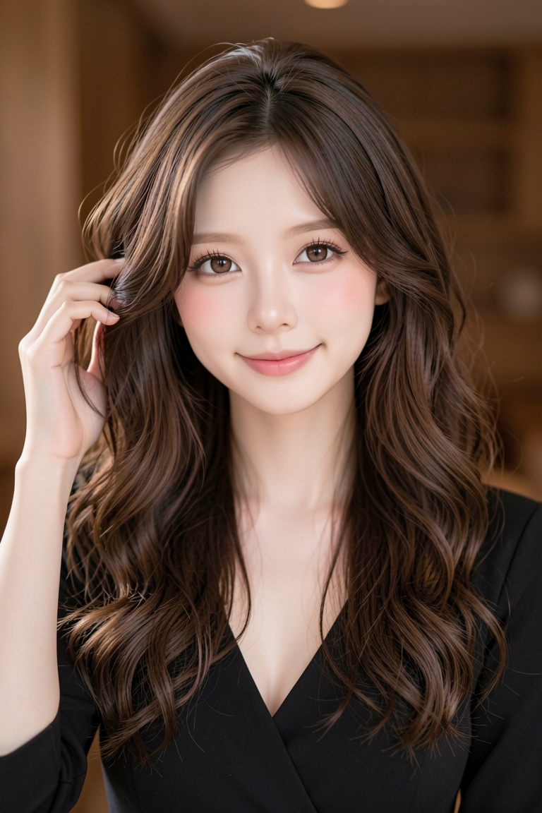 This is a highly realistic digital portrait of an East Asian woman in her early 20s. She has long,  curly,  dark brown hai...