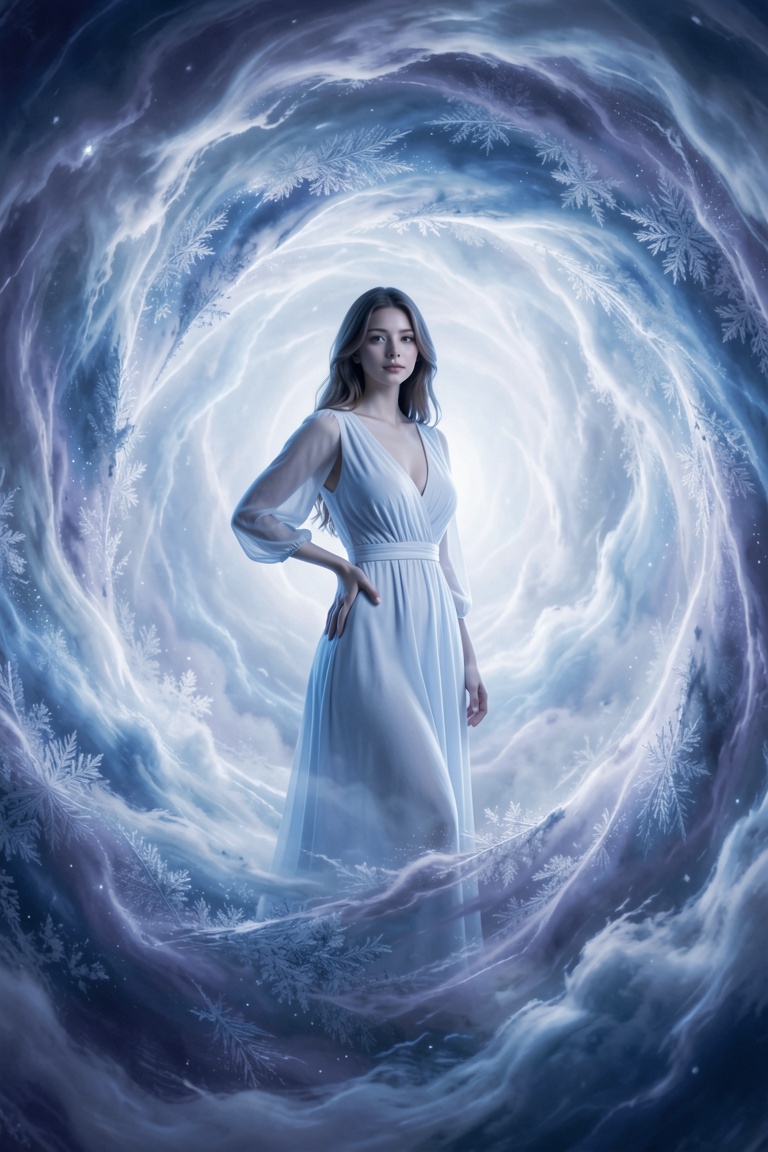 A Kodak medium shot captures the ethereal beauty of a stunning female model amidst a swirling vortex of icy blues and whit...