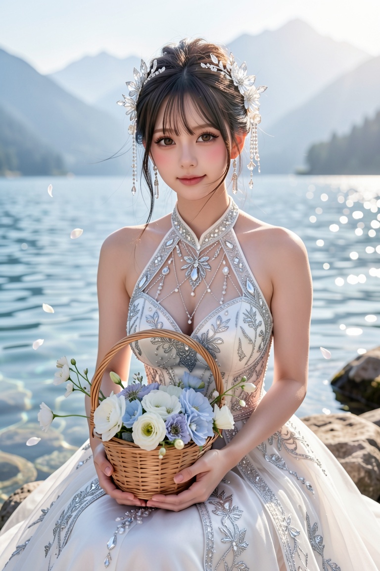 A breathtaking ultra-realistic portrait of a beautiful young East Asian woman sitting gracefully on sunlit lakeside rocks...