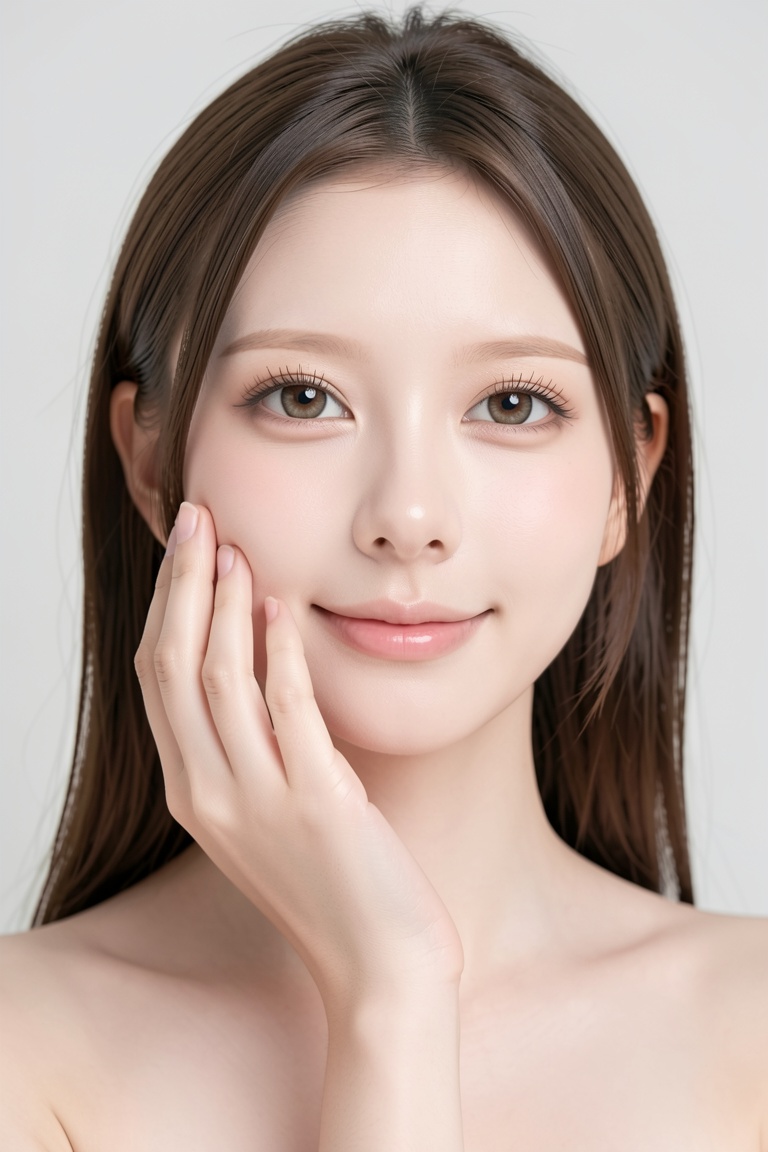 cleanhands_lora,  realistic portrait of a young ***** woman,  one hand gently touching her cheek on Tensor.Art