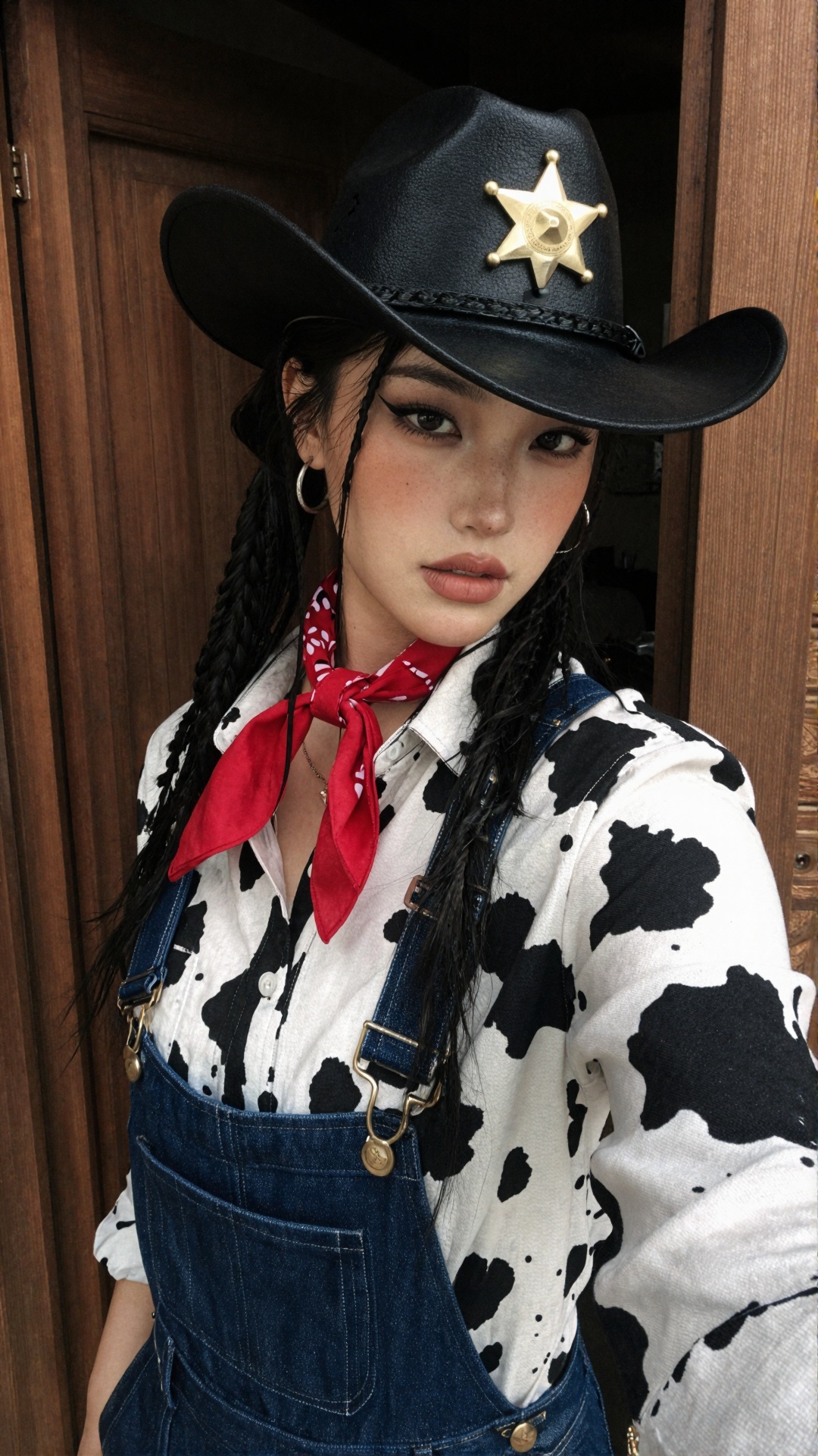 "imrt,  a close selfie photo taken indoors near a rustic wooden doorway,  wearing a black leather cowboy hat with a gold s...