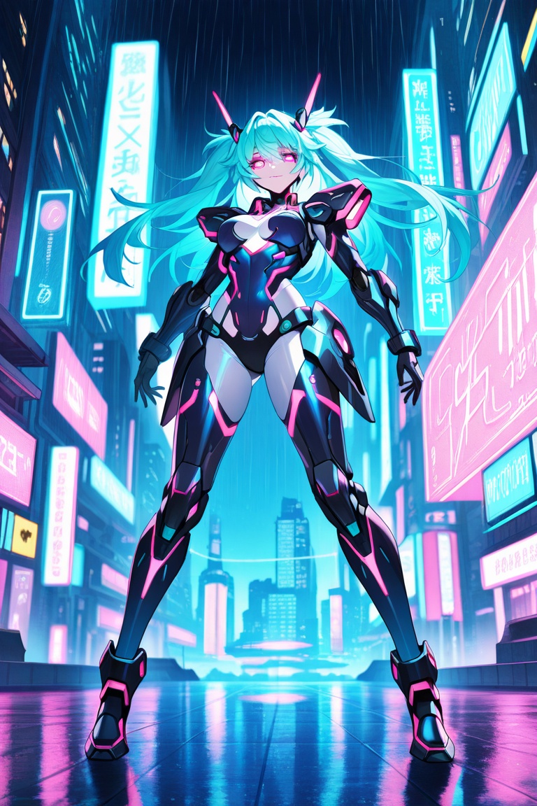 1girl,  cybergenesis,  futuristic cyberpunk warrior standing mid-stride on a rain-slicked neon-drenched rooftop on Tensor.Art