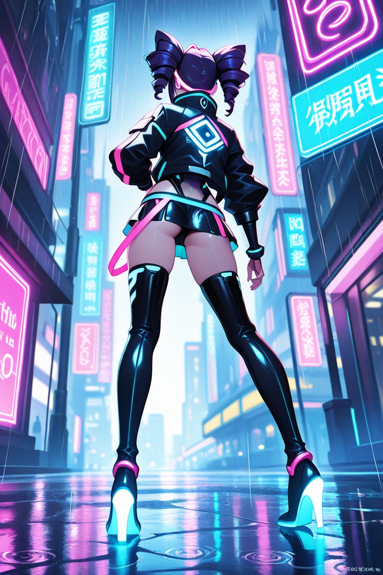 1girl,  cybergenesis style,  futuristic fashion in a sleek cyberpunk outfit—layered asymmetrical jacket with LED trim on T...