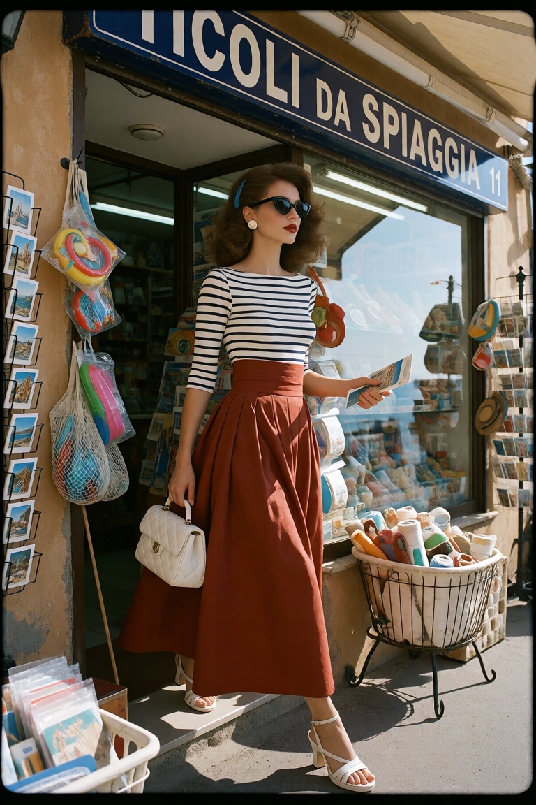 An award-winning 1990s vintage European fashion editorial street-snapshot photograph. [Subject & Retro Riviera Style Aesth...