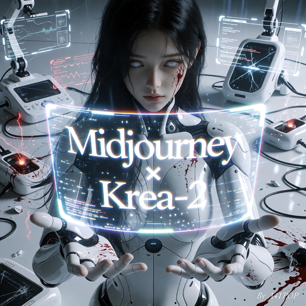A hyper-detailed cinematic masterpiece,  stark frontal portrait in a pristine yet slightly chaotic all-white futuristic la...