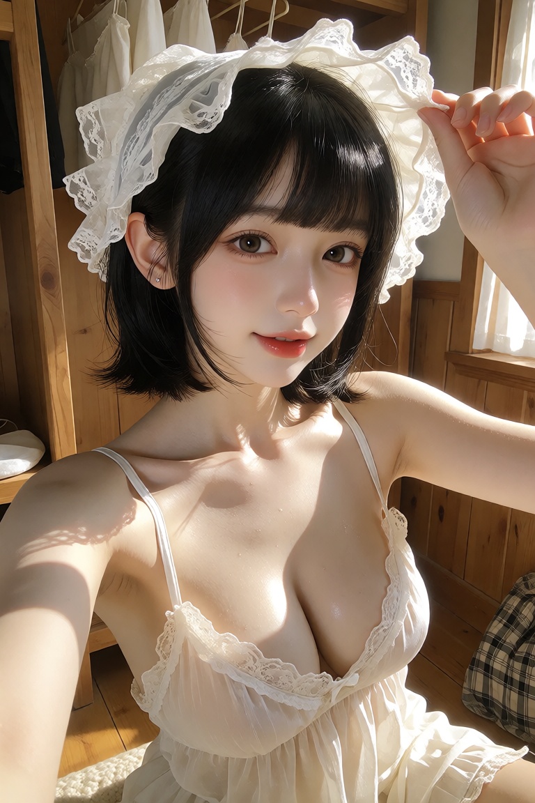"subject": "description": "A charming young East Asian woman in her early 20s with fair porcelain skin,  taking a casual i...