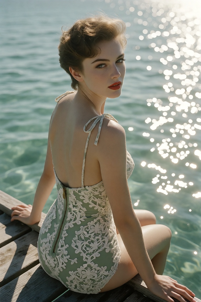 An award-winning vintage 1950s cinematic medium-format film photograph. [Subject & Retro Hollywood Aesthetics] A stunning...