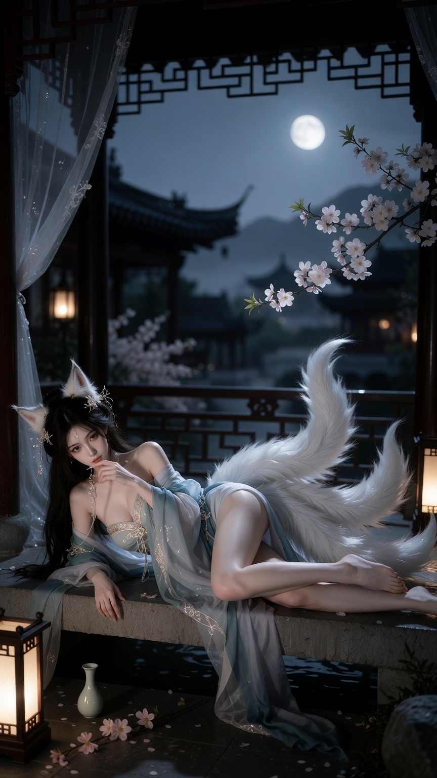 狐女,  汉服,  九尾狐[画面定位] 真人商业时尚摄影质感 on Tensor.Art