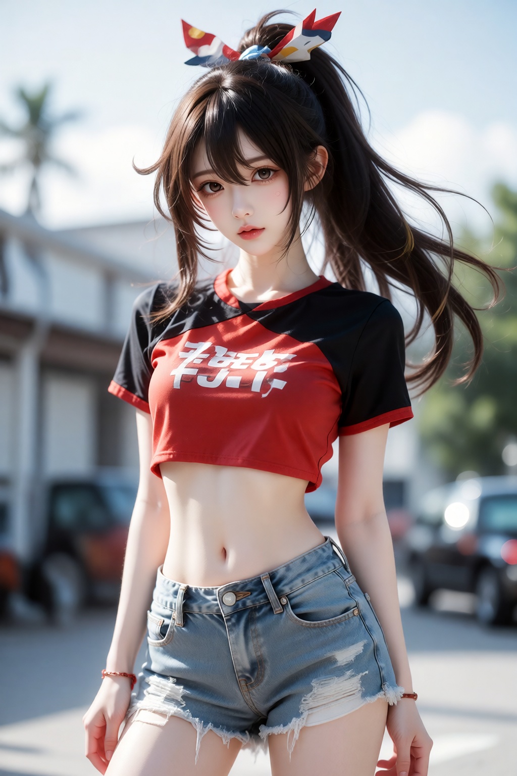 shiranui mai (cosplay),  cosplay,  红黑撞色短上衣搭配牛仔短裤 by 随风而动 on Tensor.Art