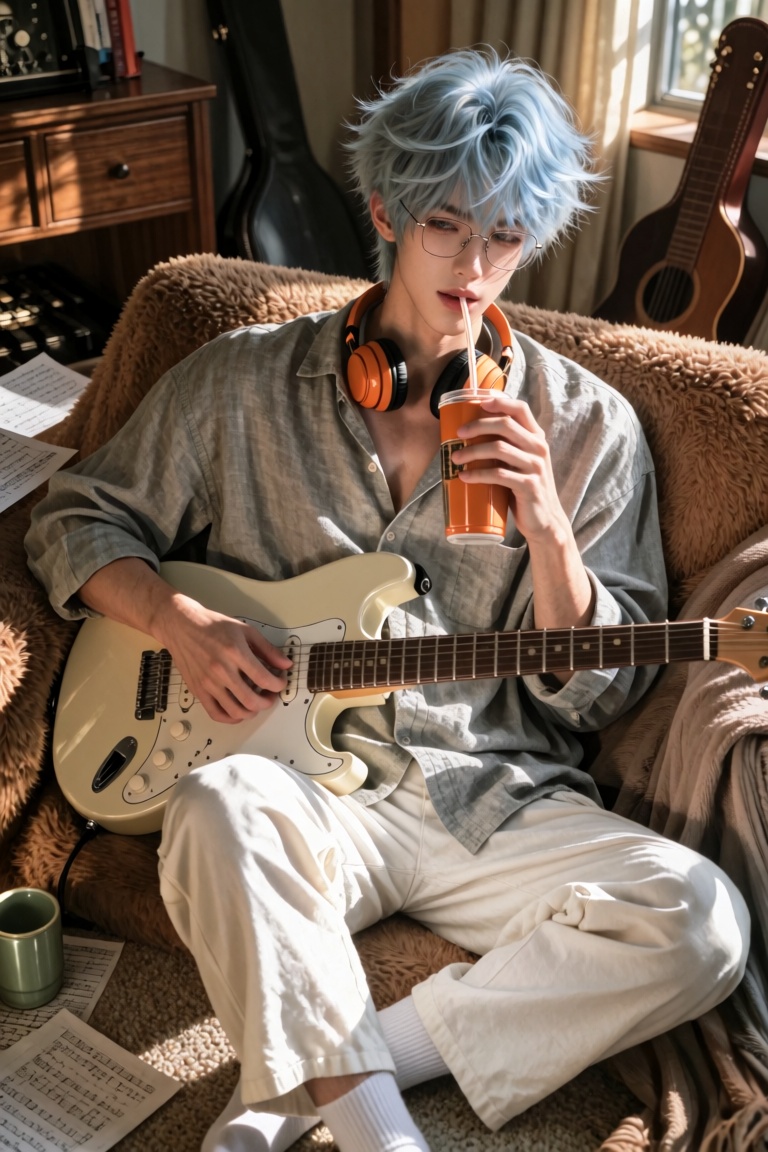 A handsome young man relaxing in a cozy vintage music room,  soft pastel blue short messy hair,  slightly fluffy layered h...