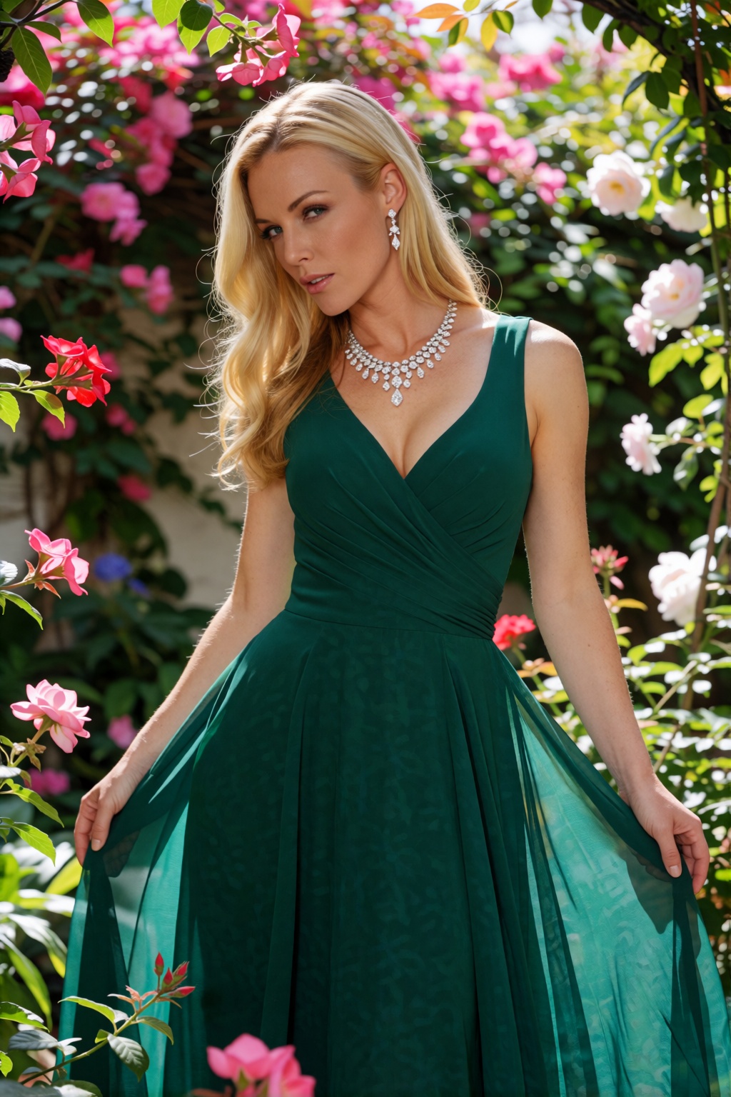 SUBJECT: woK400s,  blonde woman with elegant long hair CLOTHING: emerald green formal gown with flowing skirt ACCESSORIES:...