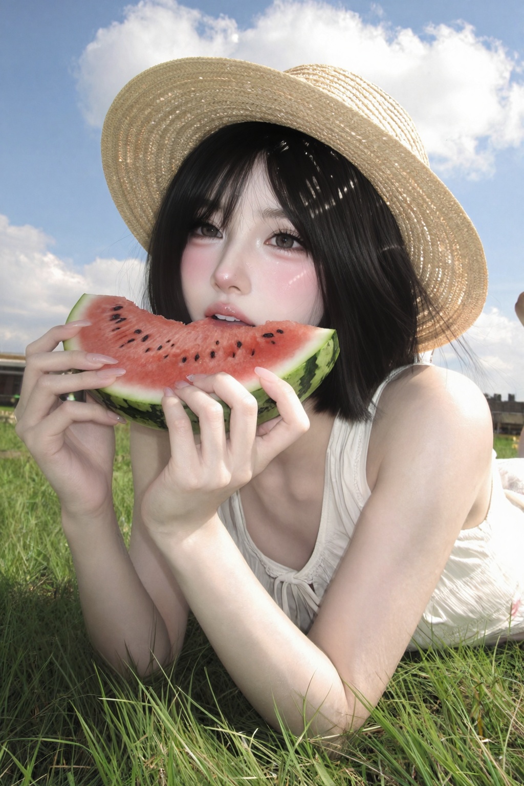 A cute young woman with a short black bob haircut and soft natural makeup,  lying on lush green grass on a sunny summer af...