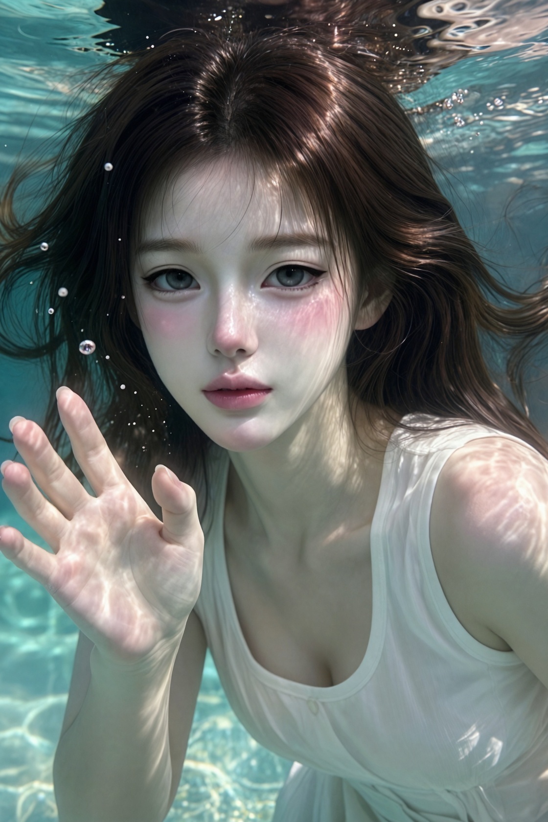 cinematic underwater portrait,  beautiful young Asian woman submerged in clear water,  delicate doll-like facial features...