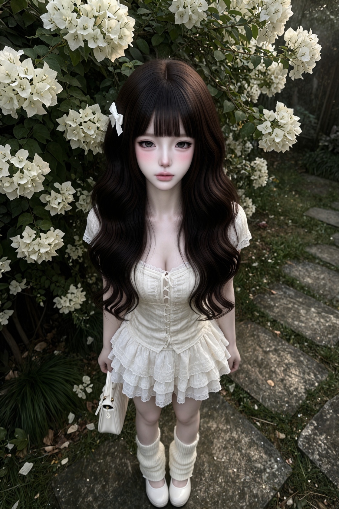dramatic high-angle portrait,  beautiful young Asian woman standing on a stone path,  delicate doll-like facial features o...