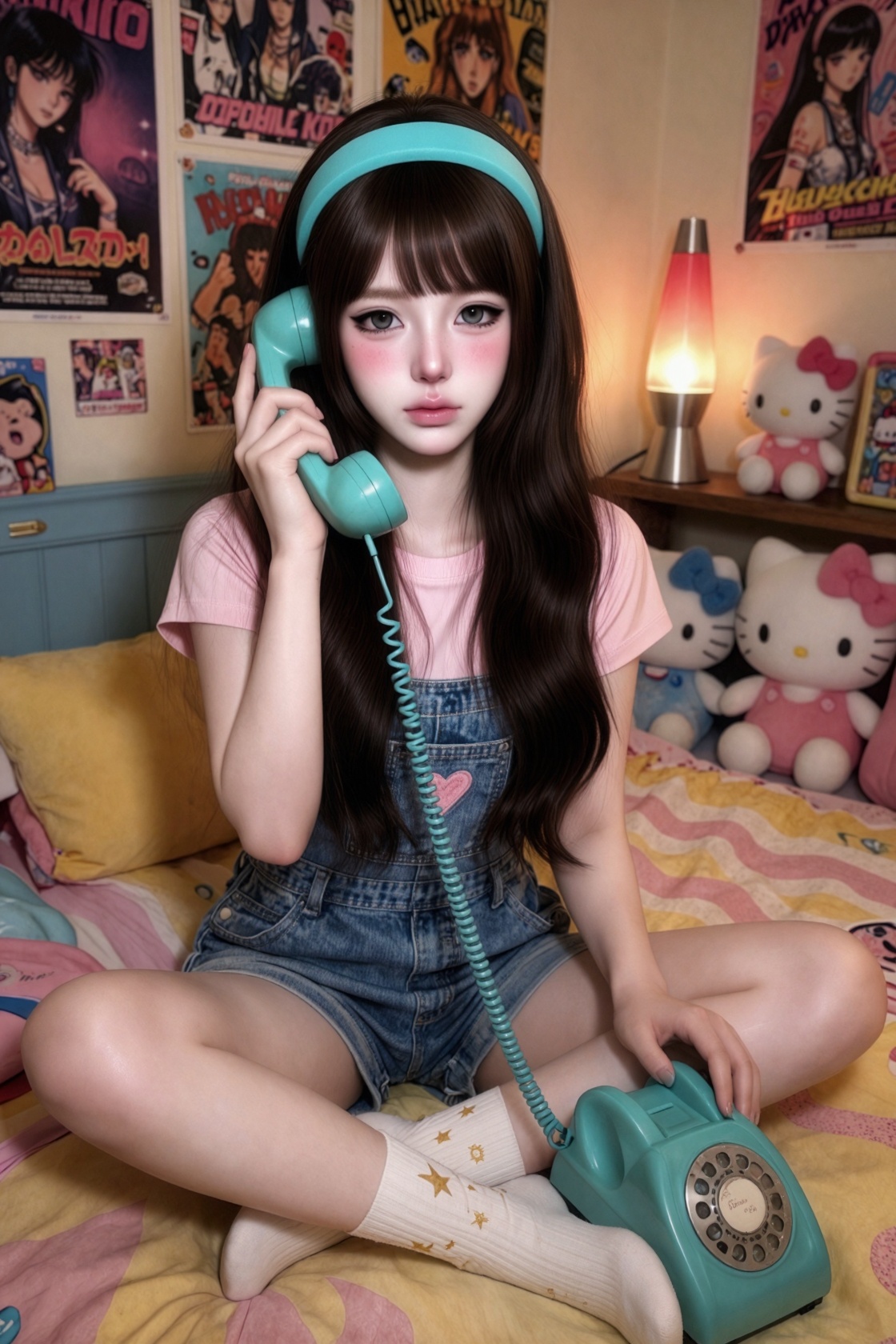 cinematic retro bedroom portrait,  beautiful young woman,  delicate doll-like facial features on Tensor.Art