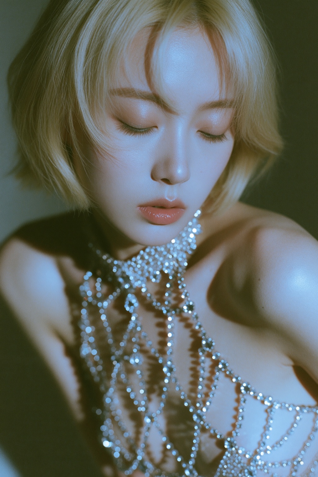 Artistic analog portrait of a young East Asian woman with a short,  light-blonde bob hairstyle. She is leaning forward wit...