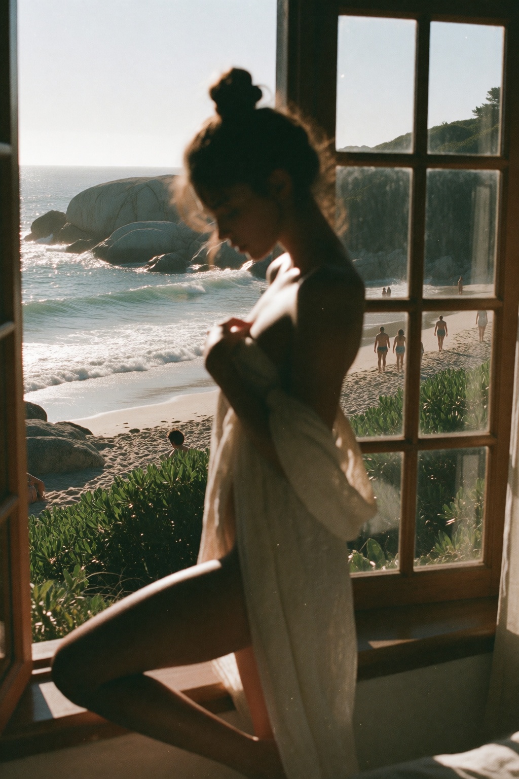 An artistic,  warm analog film photograph capturing the silhouette of a young woman standing indoors in profile. She has h...