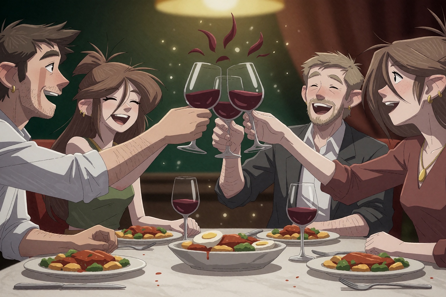 A wide shot of four friends sitting around a restaurant table clinking wine glasses together in a toast,  all hands meetin...
