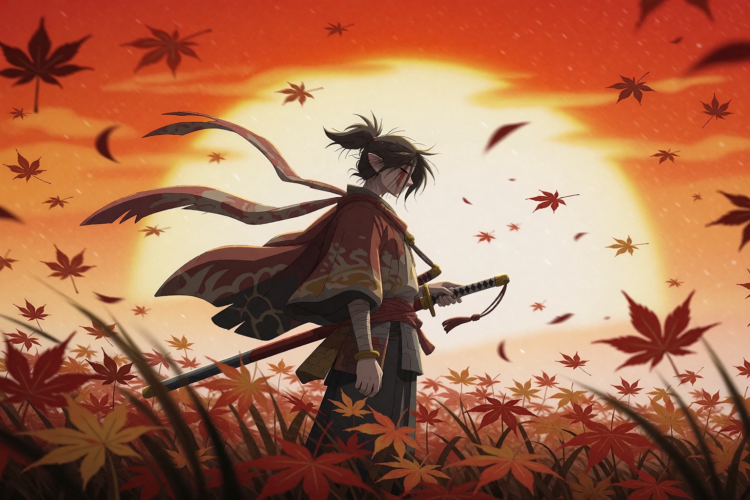 Serene cinematic wide shot inspired by Ghost of Tsushima of a lone samurai standing in a field of swaying red maple leaves...