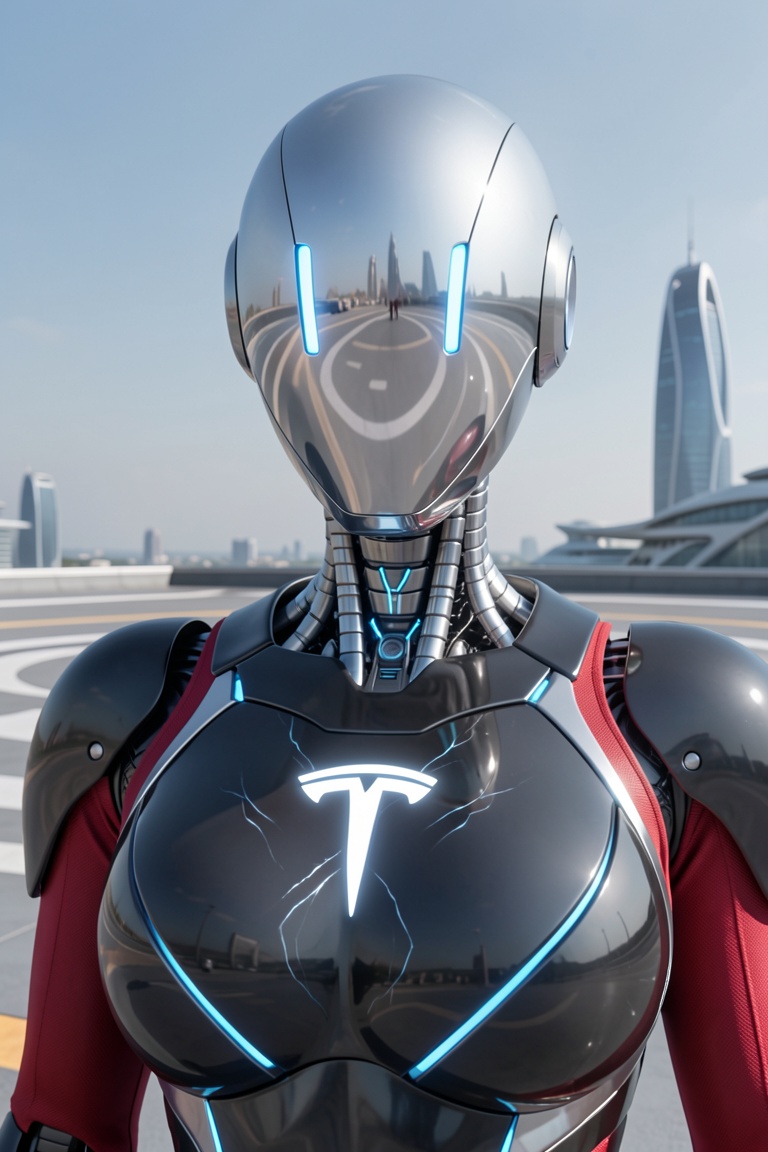 A futuristic Tesla robot with a smooth,  reflective chrome helmet that curves elegantly,  featuring two vertical on Tensor...