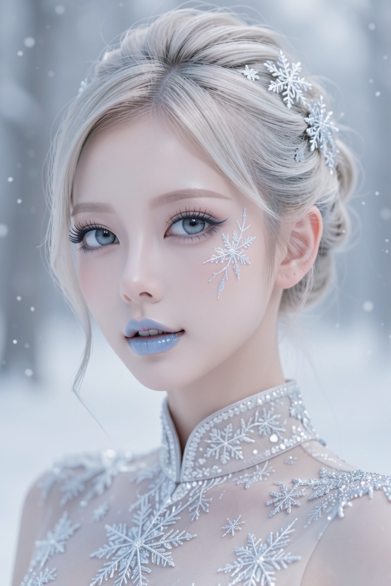 A stunning close-up of a woman with porcelain skin and frosty blue lips. Her shimmering white hair is styled in an elegant...