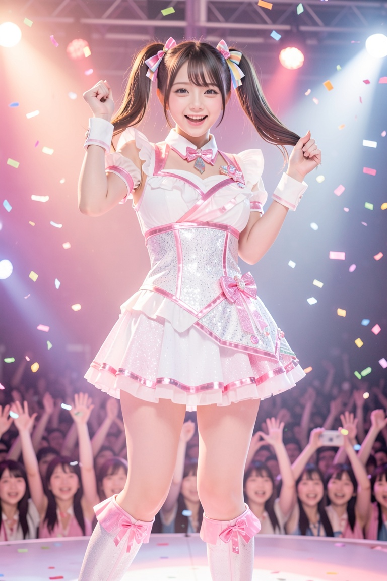 A charming Japanese idol with a slim and graceful figure,  upper body shot,  performing on a brightly lit concert stage. S...