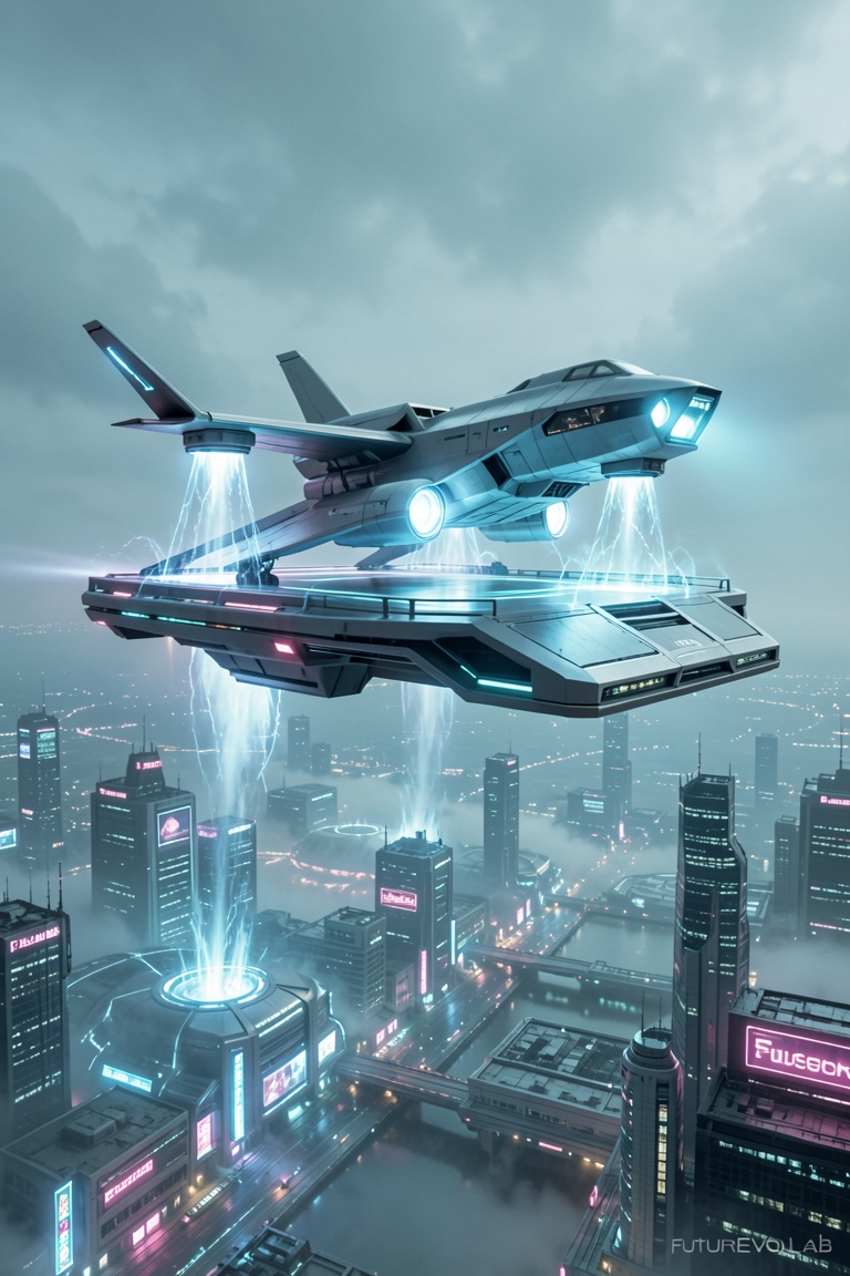 A futuristic starship launch base suspended in mid-air,  anchored by glowing anti-gravity generators. The starship,  sleek...
